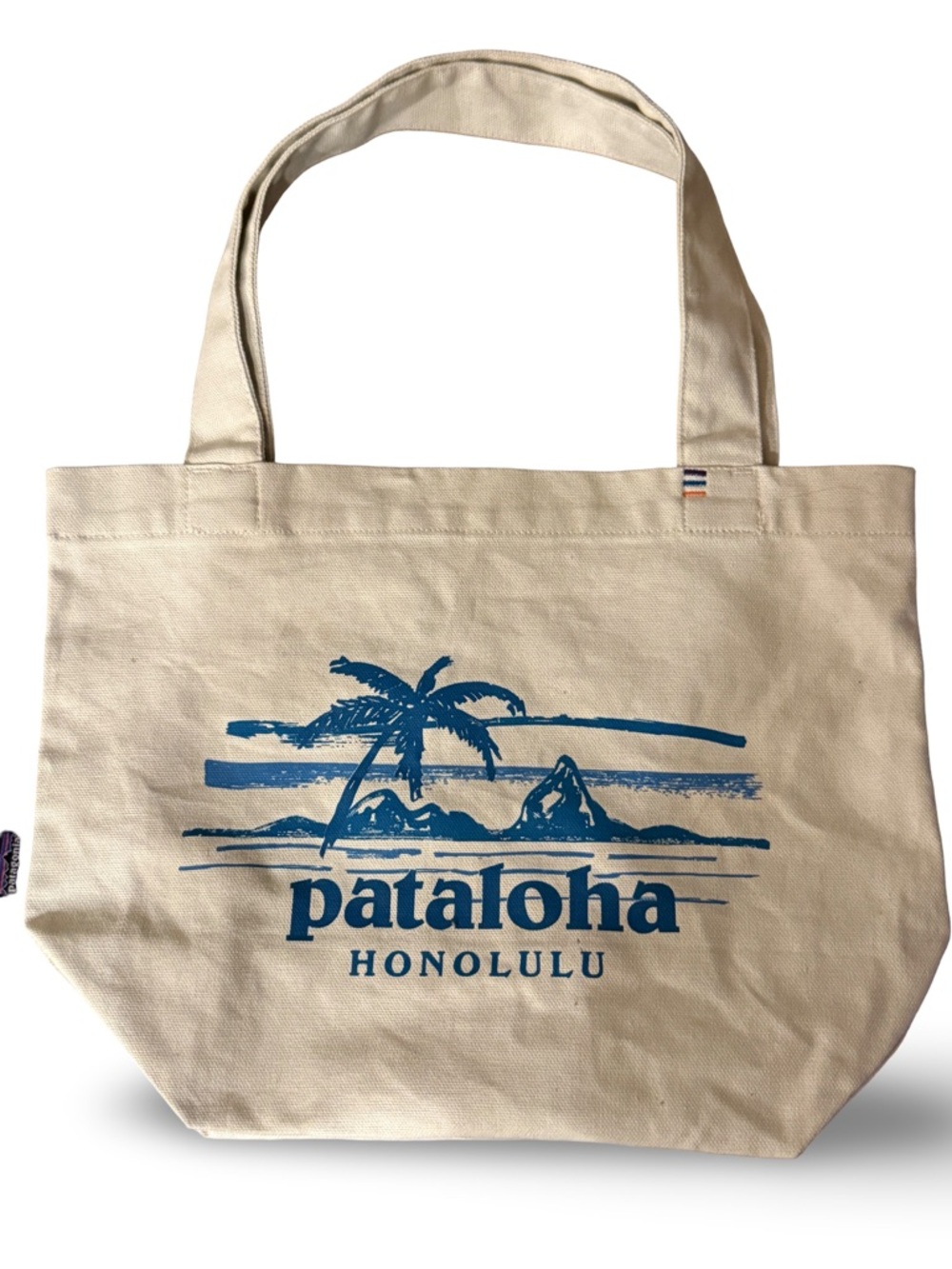 Patagonia Beige Canvas Mini Tote with Blue 'Pataloha Honolulu' Print